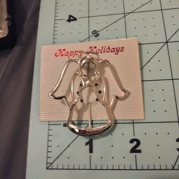 Angel Brooch Christmas PIn Rhinestone Eyes SilverTone Happy Holidays Card - Picture 4 of 4